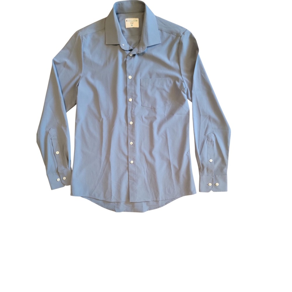 &Collar Performance Dress‎ Shirt Mens Medium Light Blue EUC Slim Fit Stretch
